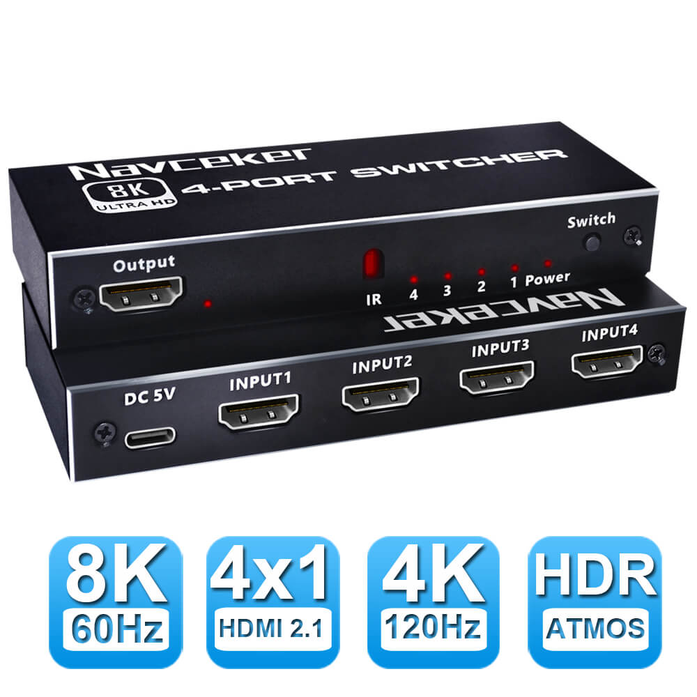 HDMI Switch 8K 4x1 4K 120Hz VRR G/Sync CEC ARC Atmos - HDMI 2.1 Switcher 4