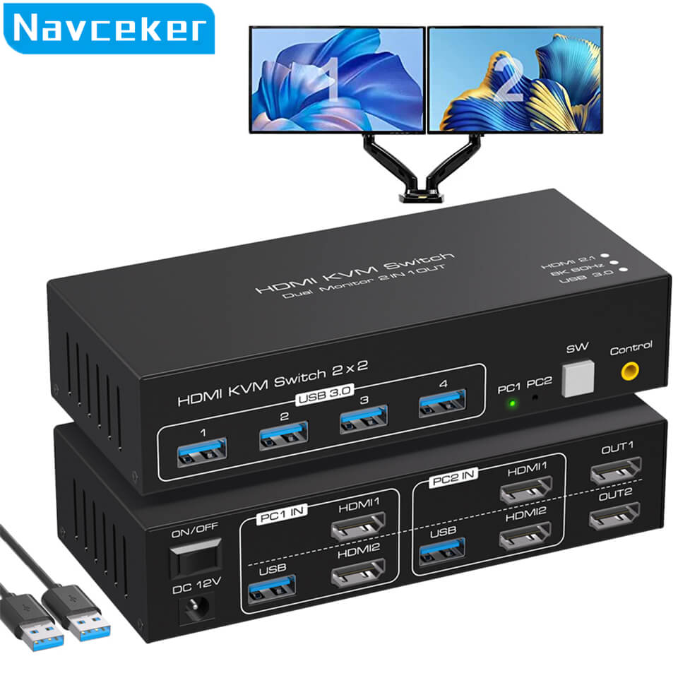 4K HDMI KVM Switch USB 3.0 2 Port Dual Monitors 2 Computers PC Switcher ...