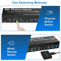 8K HDMI DP KVM Switch 3 Monitors