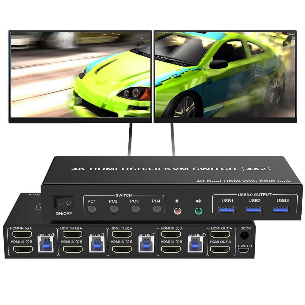 4K 60Hz HDMI KVM Switch 4x2 USB 2.0 4 Port Dual 2 Monitors 4 Computers ...
