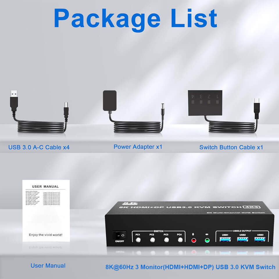 8K HDMI DP KVM Switch 3 Monitors