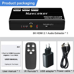 FeinTech AX210 HDMI 2.1 Audio Extractor 4K 120Hz 8K VRR ALLM, HDMI Out + Audio (Optical Toslink 5.1 + AUX Stereo), CEC Pass and ARC Support TV to Audio System FeinTech AX210 HDMI 2.1 Audio Extractor 4K 120Hz 8K VRR ALLM, HDMI Out + Audio (Optical Toslink 5.1 + AUX Stereo), CEC Pass and ARC Support TV to Audio System