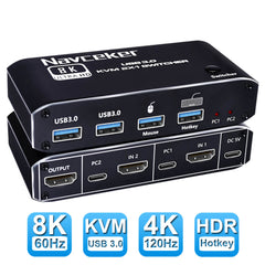 2 Port USB 3.0 KVM Switch Single Monitor HDMI 2.1 8K@60Hz 4K@144Hz for