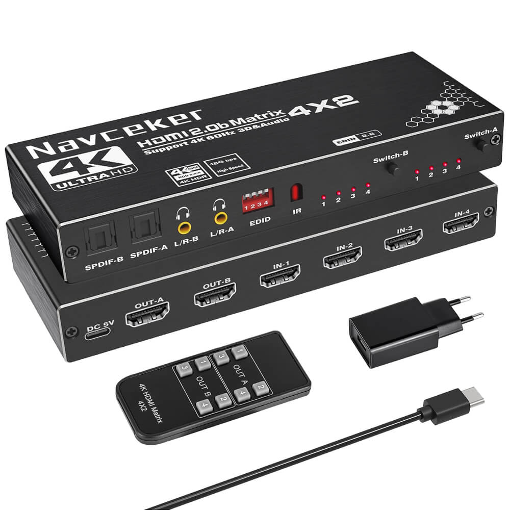 LUOM 4K@60Hz HDMI Matrix Switch Splitter 4 in 2 Out with Remote, 4x2 HDMI Splitter Switcher 4K LUOM 4K@60Hz HDMI Matrix Switch Splitter 4 in 2 Out with Remote, 4x2 HDMI Splitter Switcher 4K